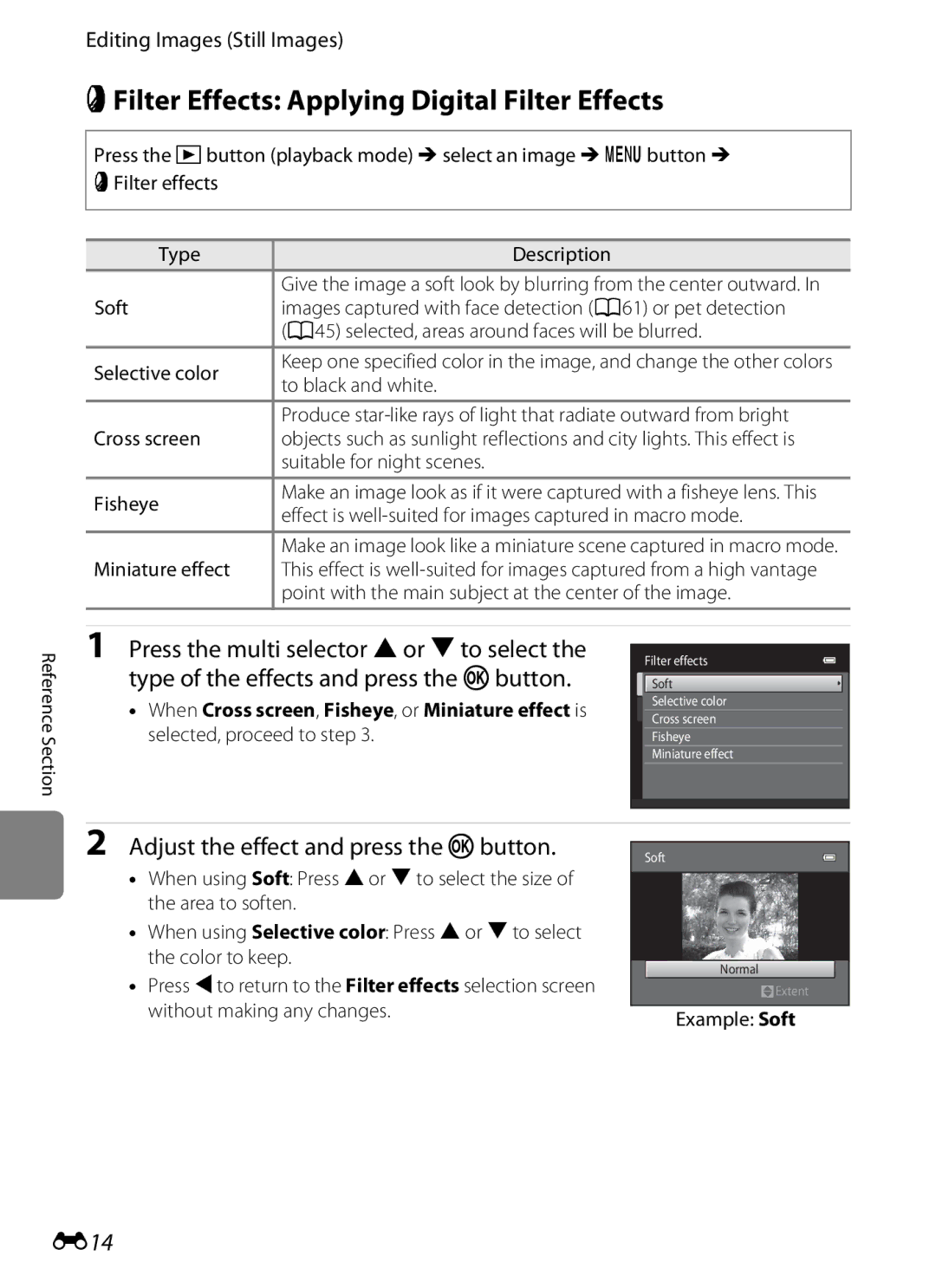 Nikon S2600 manual PFilter Effects Applying Digital Filter Effects, Adjust the effect and press the kbutton, E14 