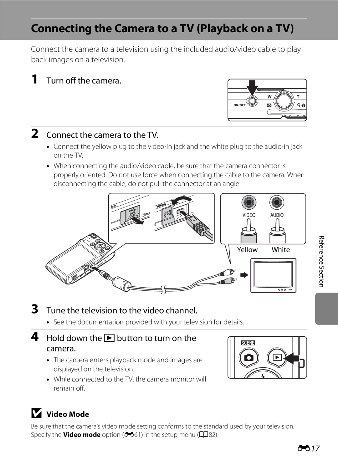 Nikon S2600 manual Connecting the Camera to a TV Playback on a TV, Turn off the camera Connect the camera to the TV, E17 