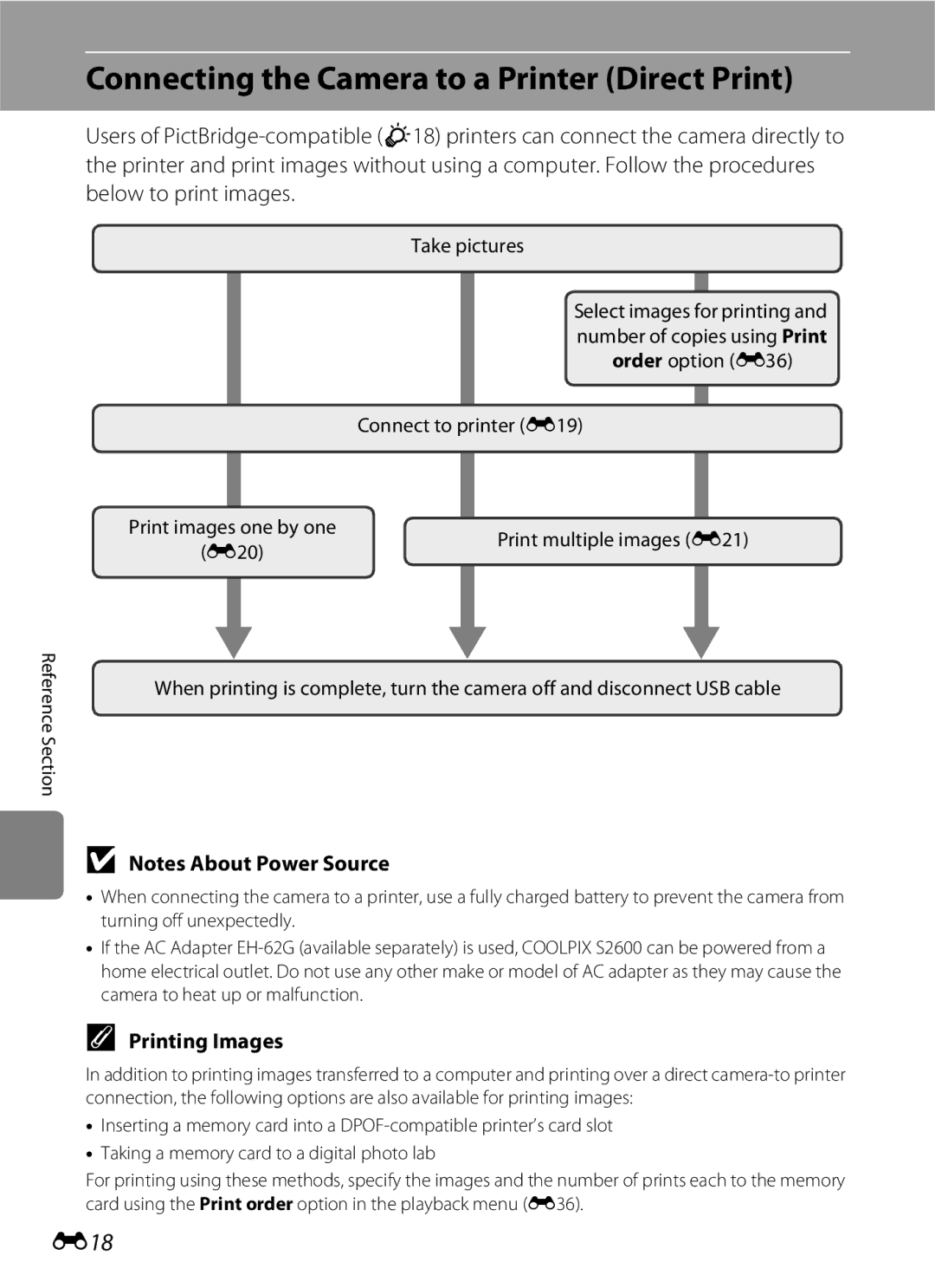 Nikon S2600 manual Connecting the Camera to a Printer Direct Print, E18, Printing Images, Take pictures 