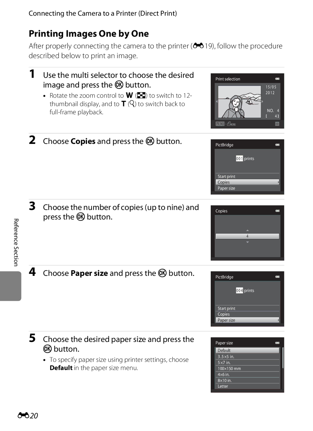 Nikon S2600 manual Printing Images One by One, Choose Copies and press the kbutton, E20 