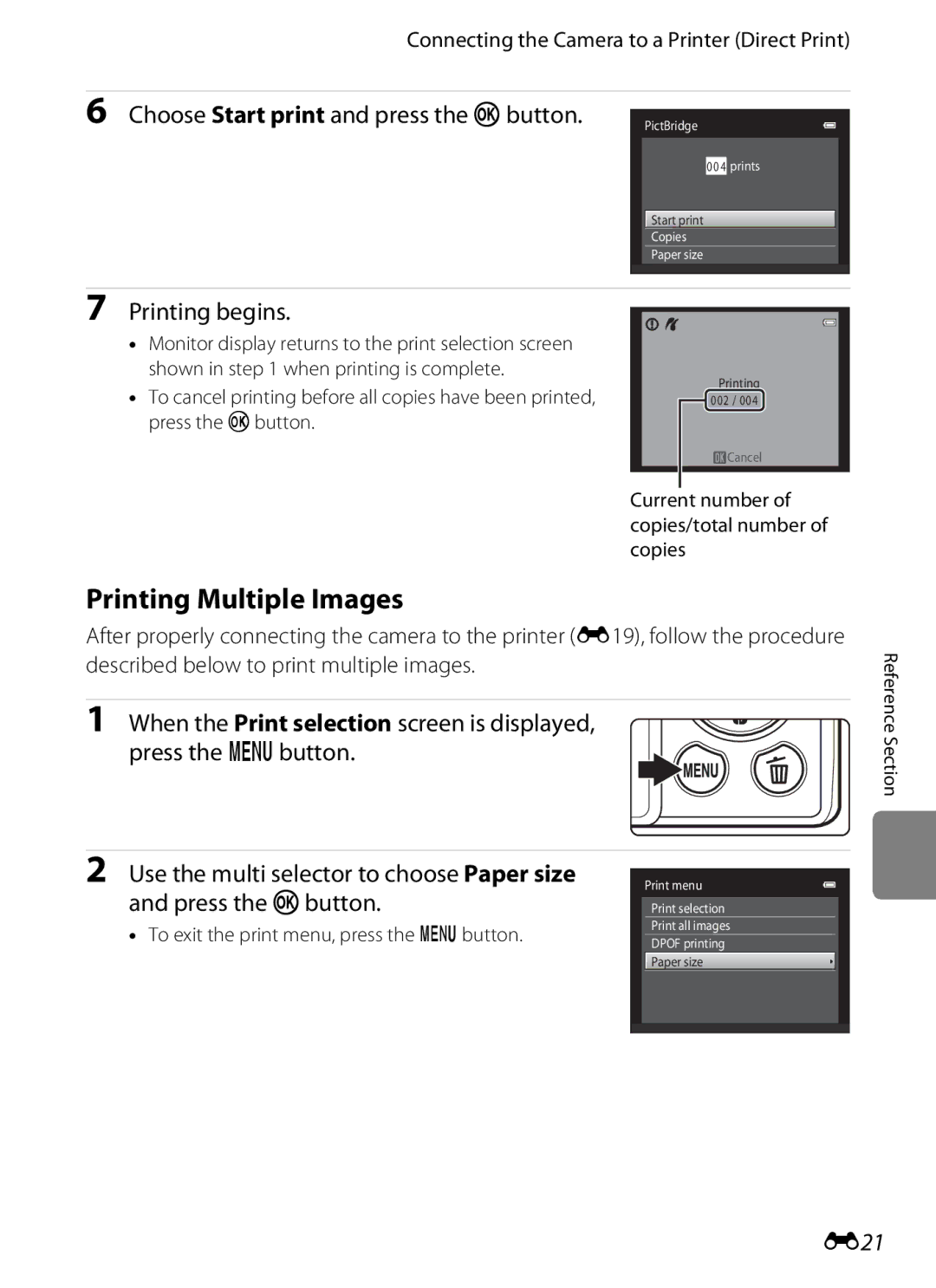 Nikon S2600 manual Printing Multiple Images, Printing begins, E21, Current number of copies/total number of copies 