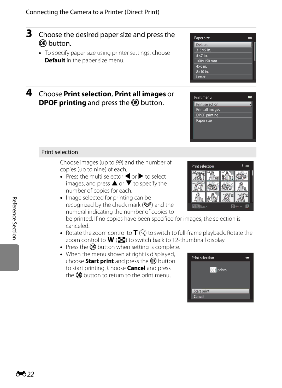 Nikon S2600 manual E22, Print selection, Press the kbutton when setting is complete 