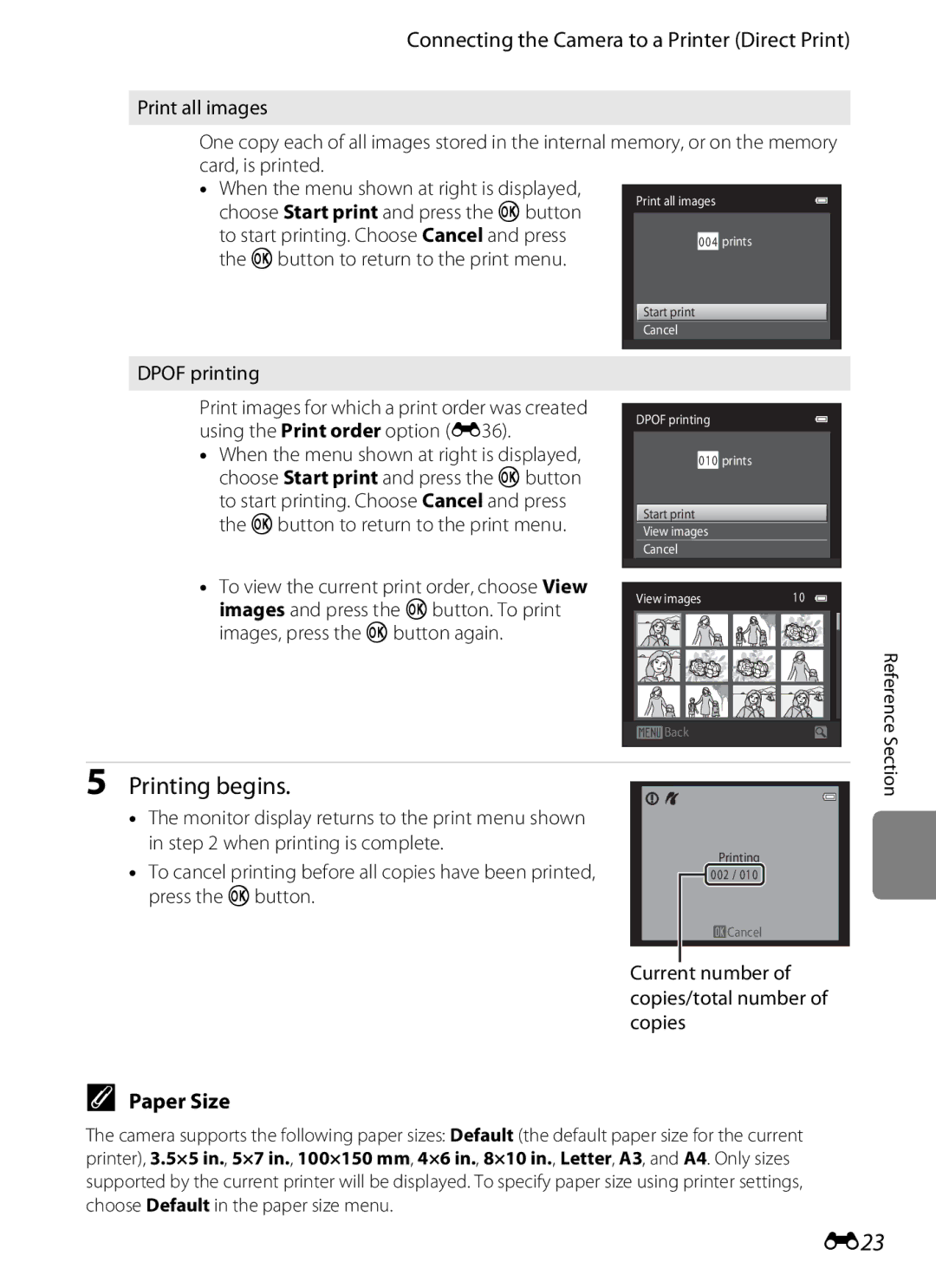 Nikon S2600 manual E23, Paper Size, Print all images Dpof printing 