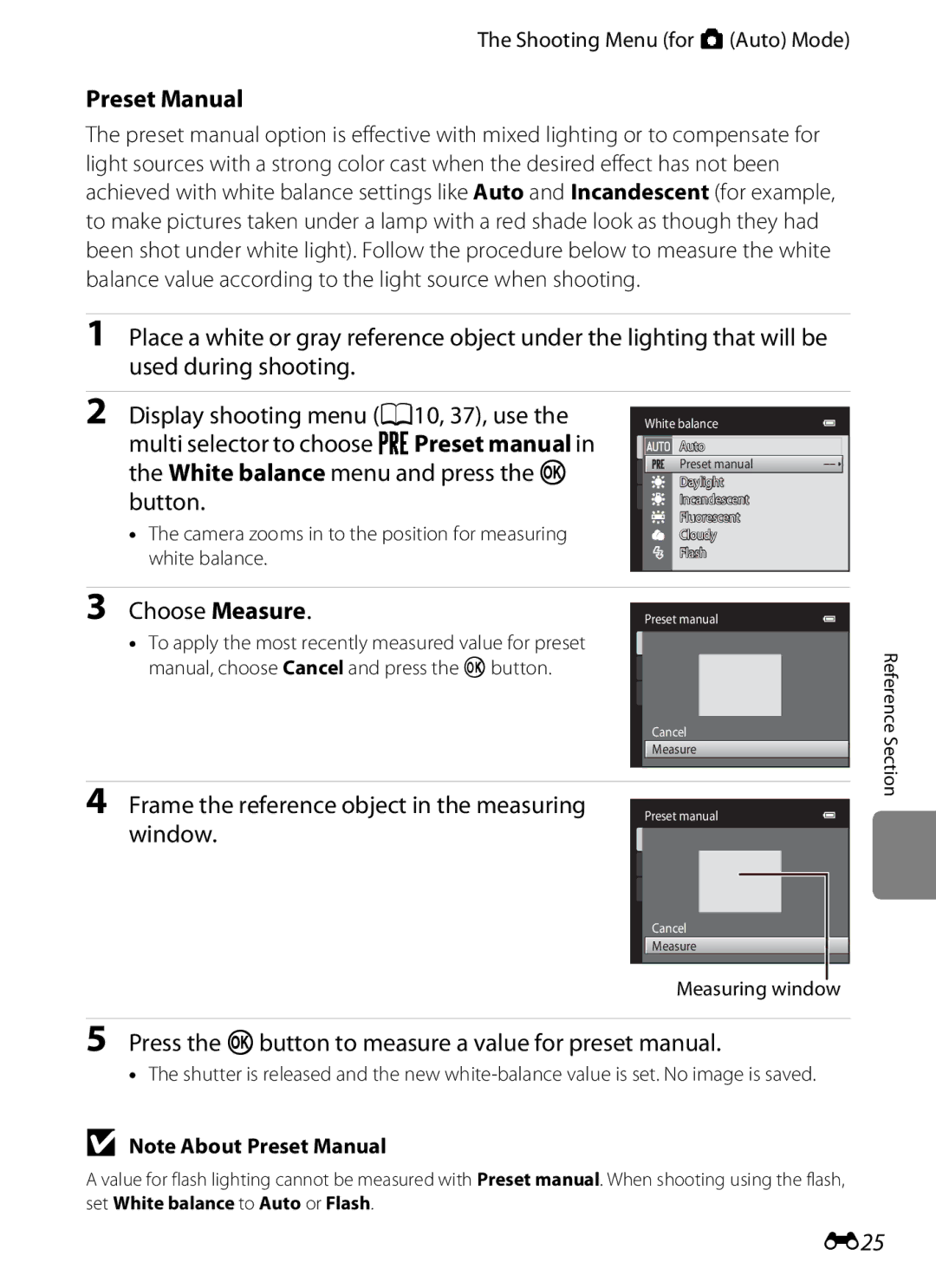 Nikon S2600 Preset Manual, Choose Measure, Press the kbutton to measure a value for preset manual, E25 