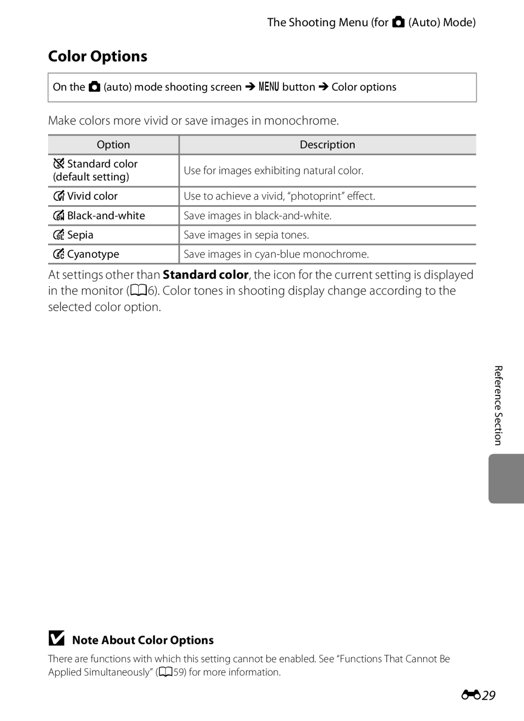 Nikon S2600 manual Color Options, E29, Make colors more vivid or save images in monochrome, Selected color option 