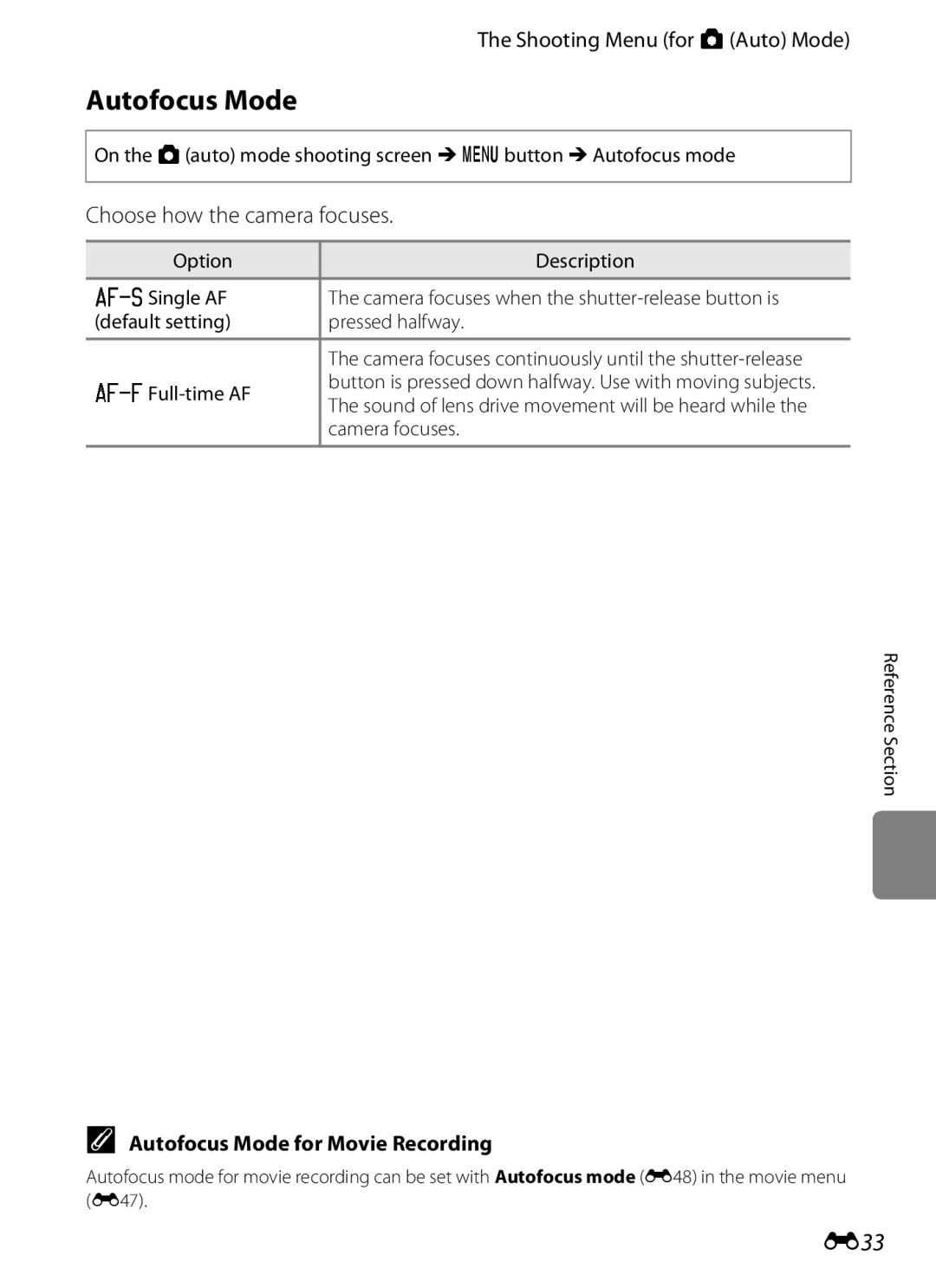 Nikon S2600 manual E33, Choose how the camera focuses, Autofocus Mode for Movie Recording 