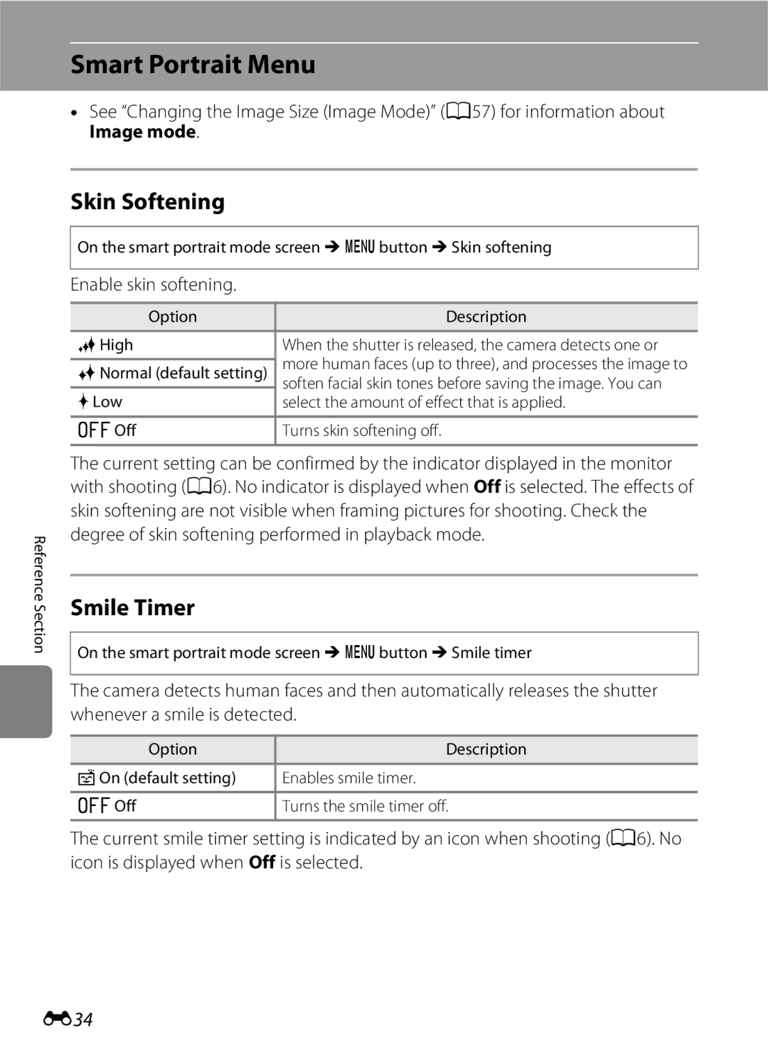 Nikon S2600 manual Smart Portrait Menu, Skin Softening, Smile Timer, E34, Enable skin softening 