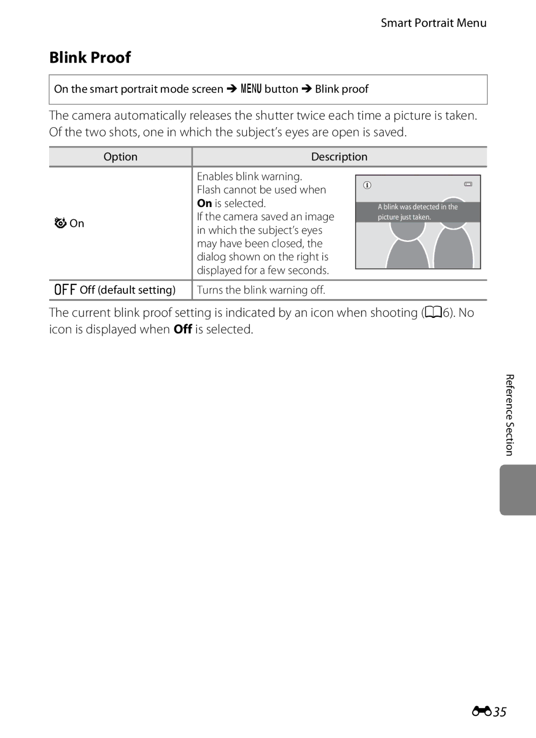 Nikon S2600 manual Blink Proof, E35, Smart Portrait Menu, On the smart portrait mode screen M dbutton MBlink proof 