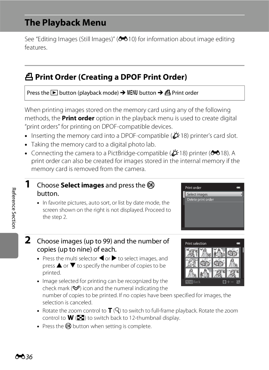 Nikon S2600 Playback Menu, APrint Order Creating a Dpof Print Order, Choose Select images and press the k button, E36 