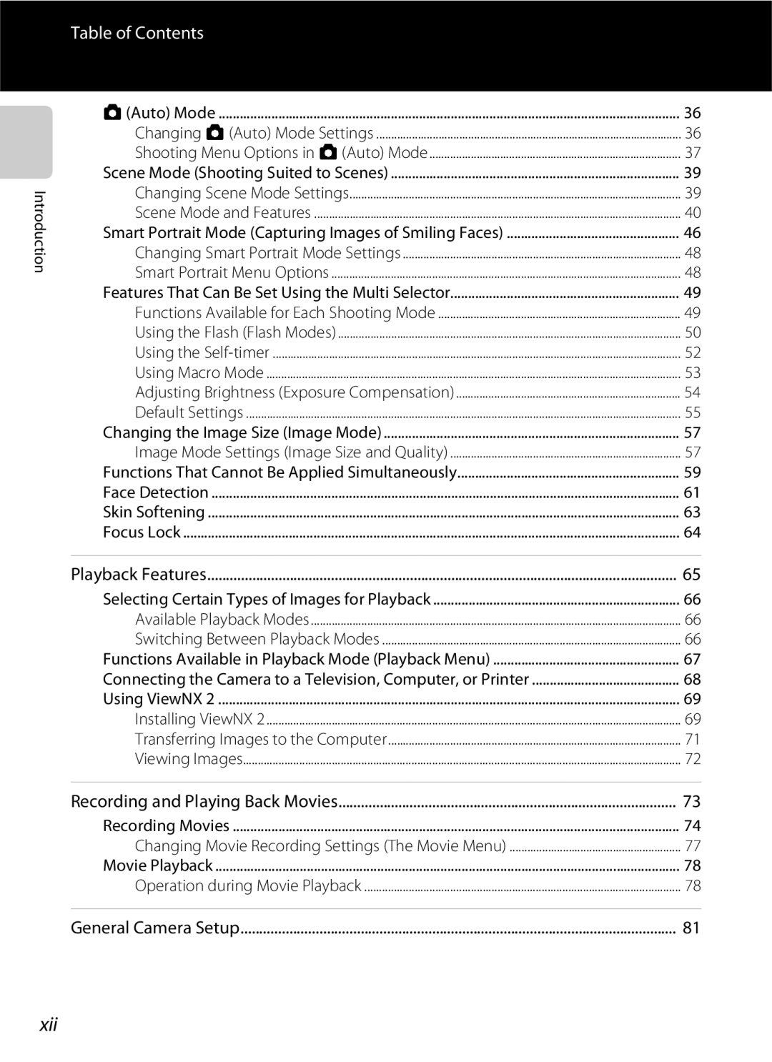 Nikon S2600 manual Xii, Table of Contents 