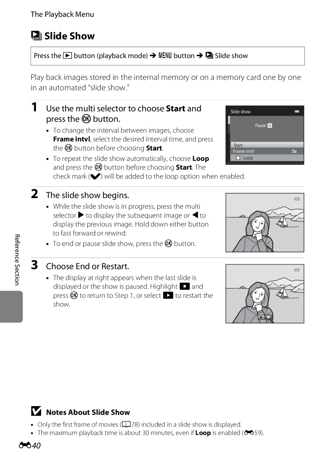 Nikon S2600 manual BSlide Show, Use the multi selector to choose Start, Slide show begins, Choose End or Restart, E40 