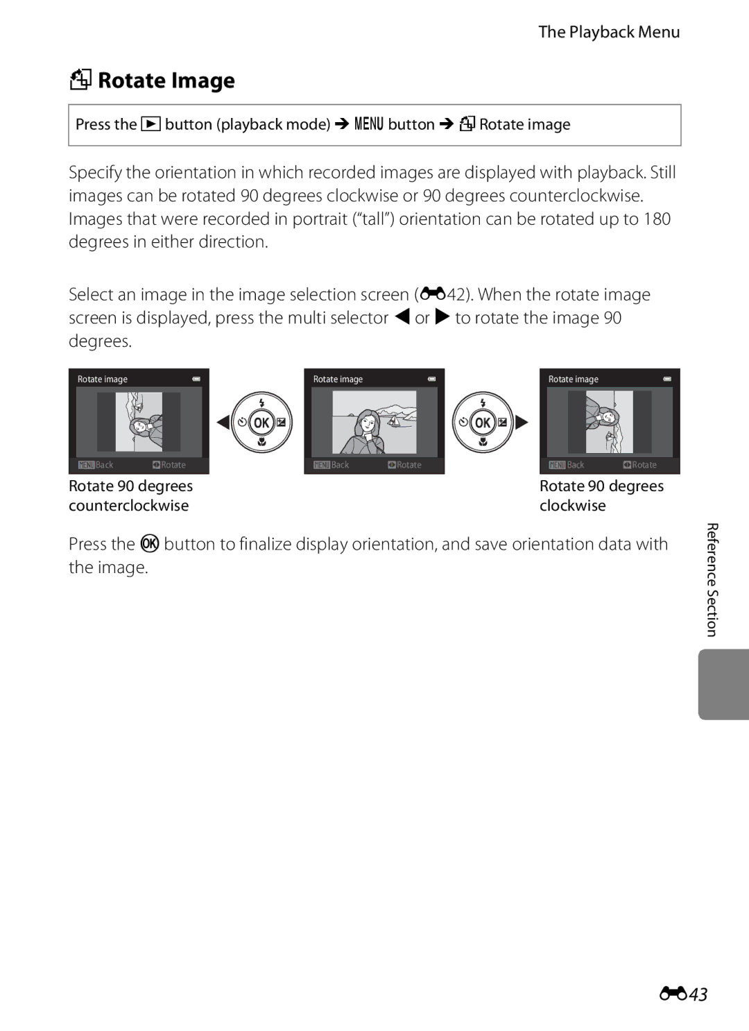 Nikon S2600 manual FRotate Image, E43, Press the c button playback mode Md button M fRotate image 