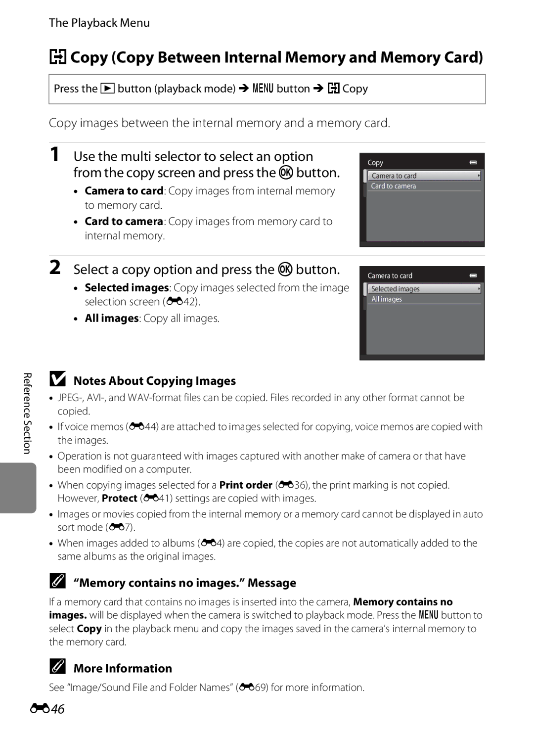 Nikon S2600 manual HCopy Copy Between Internal Memory and Memory Card, Use the multi selector to select an option, E46 