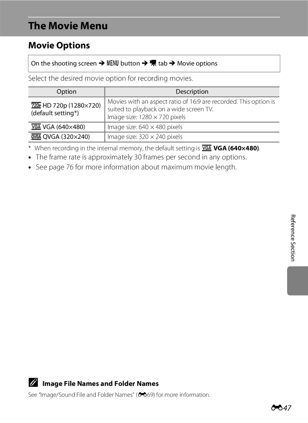 Nikon S2600 manual Movie Menu, Movie Options, E47, Select the desired movie option for recording movies 