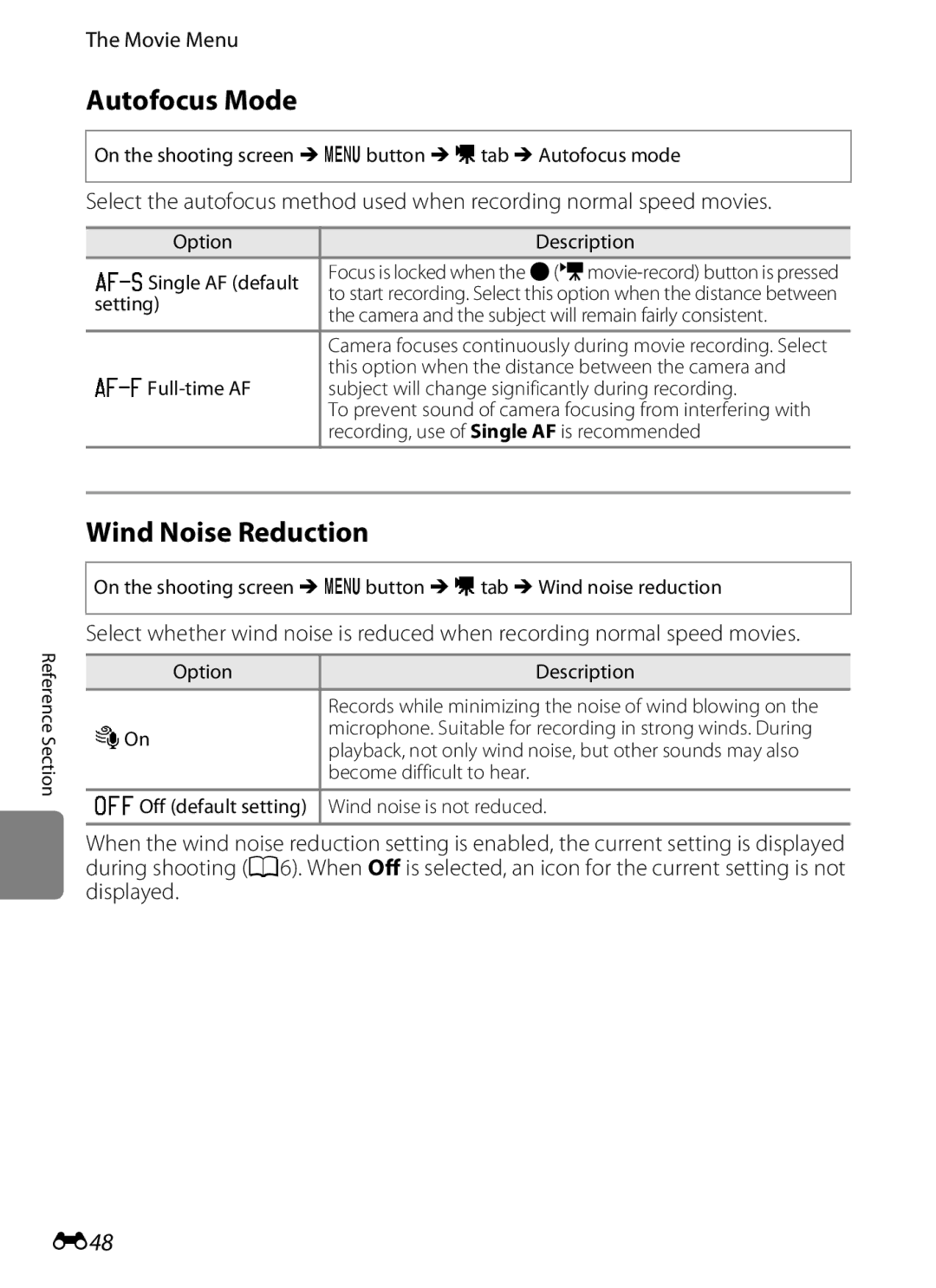 Nikon S2600 manual Wind Noise Reduction, E48, Movie Menu 