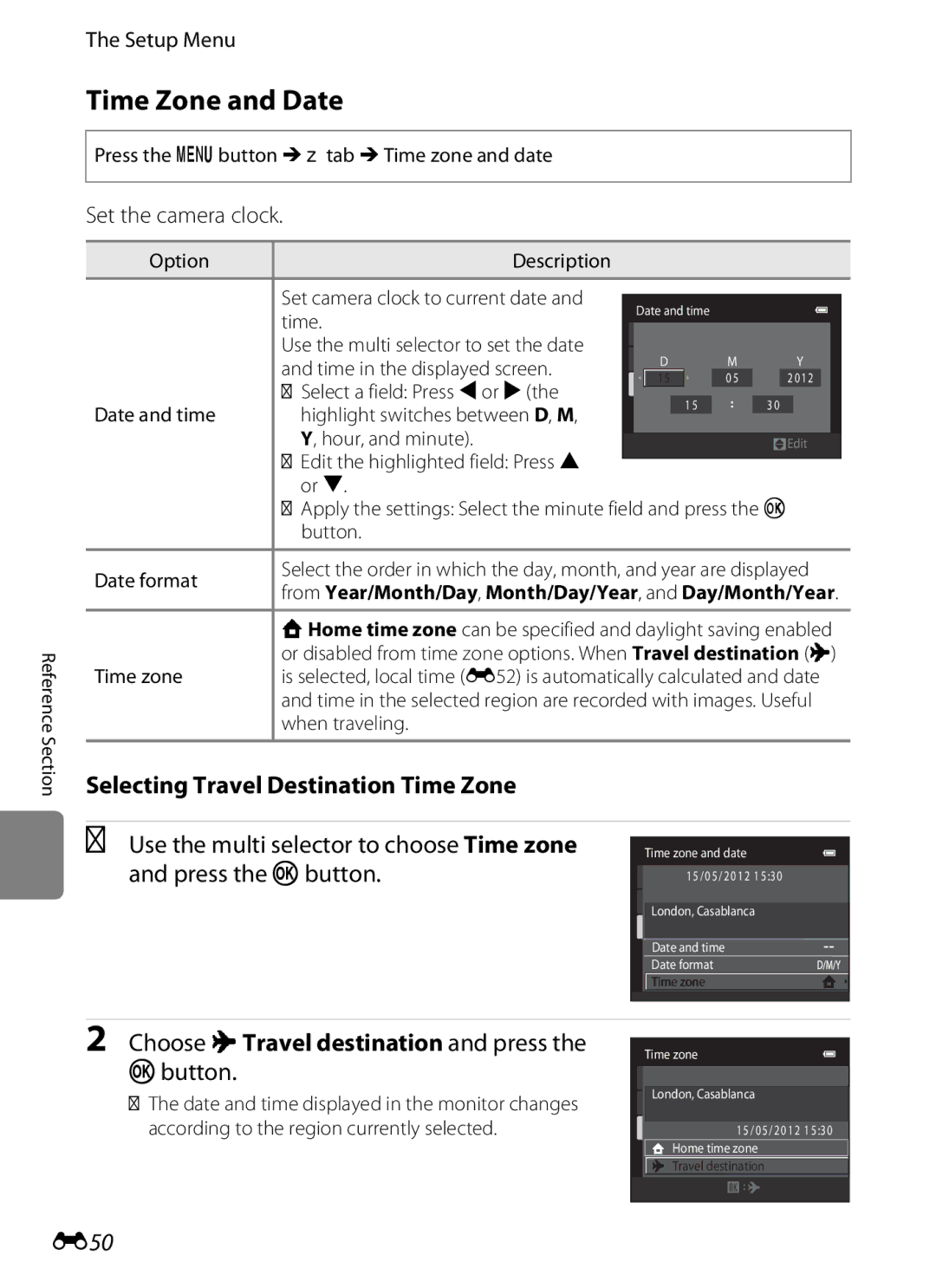 Nikon S2600 Time Zone and Date, Selecting Travel Destination Time Zone, Choose xTravel destination and press the kbutton 