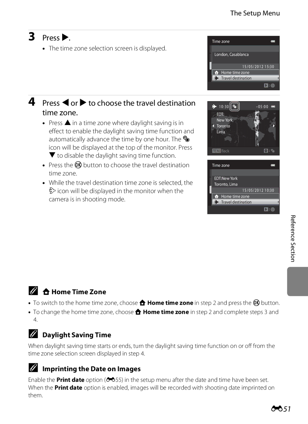 Nikon S2600 manual Press K, Press Jor Kto choose the travel destination time zone, E51 