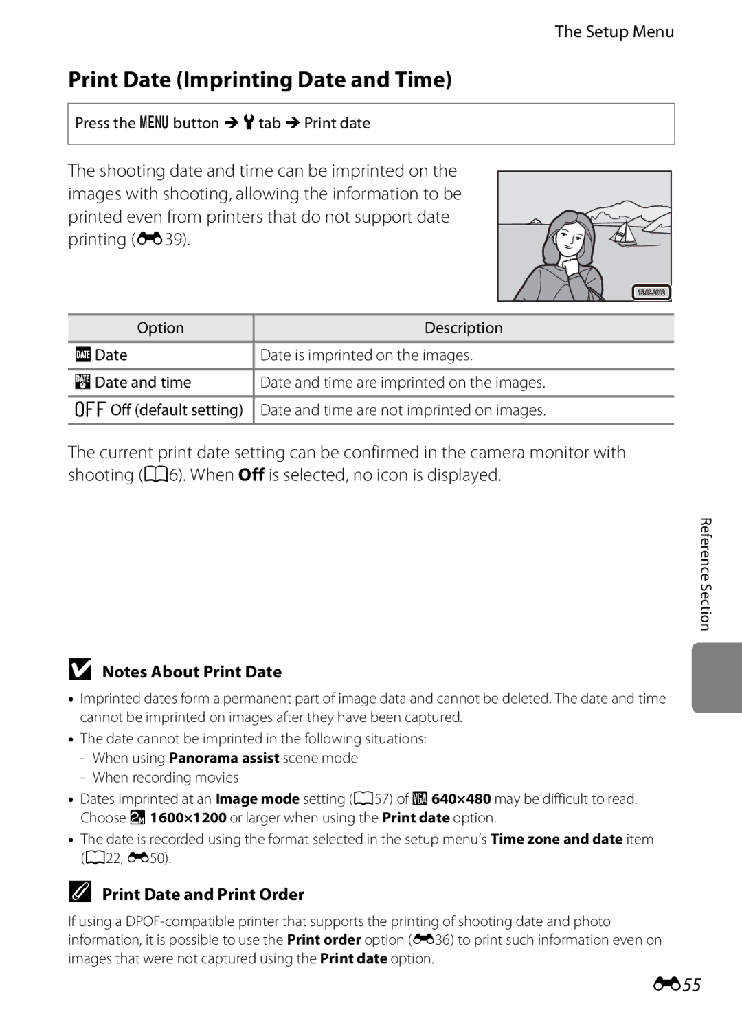 Nikon S2600 Print Date Imprinting Date and Time, E55, Print Date and Print Order, Press the d button Mz tab MPrint date 