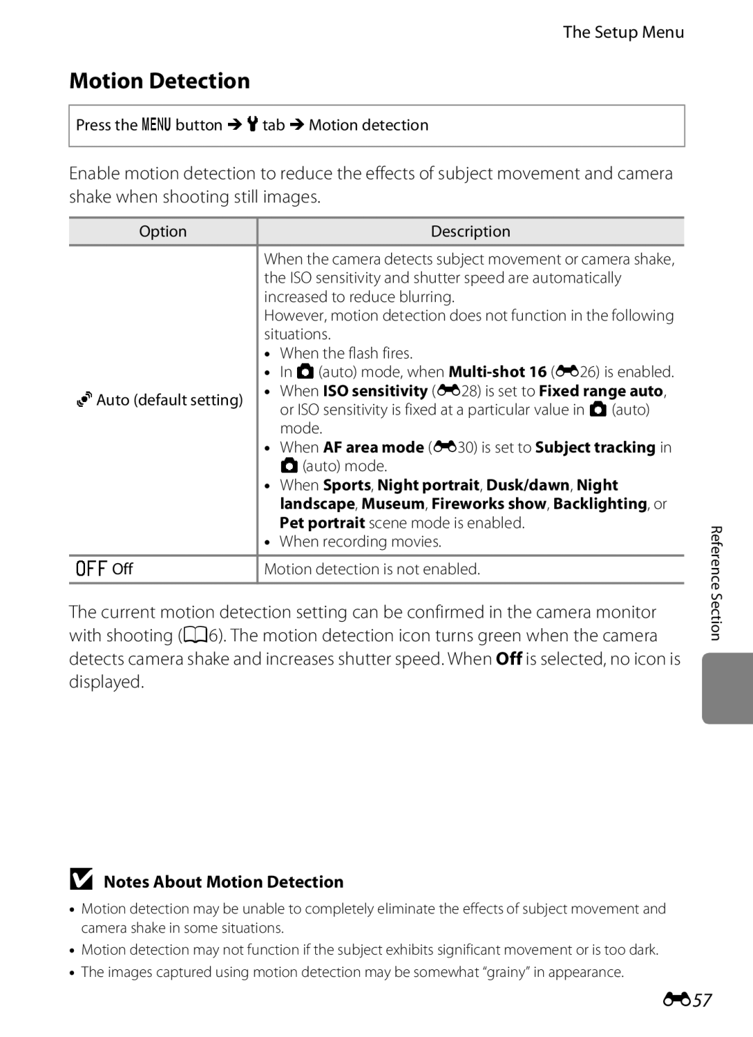 Nikon S2600 manual Motion Detection, E57, When Sports , Night portrait , Dusk/dawn , Night 