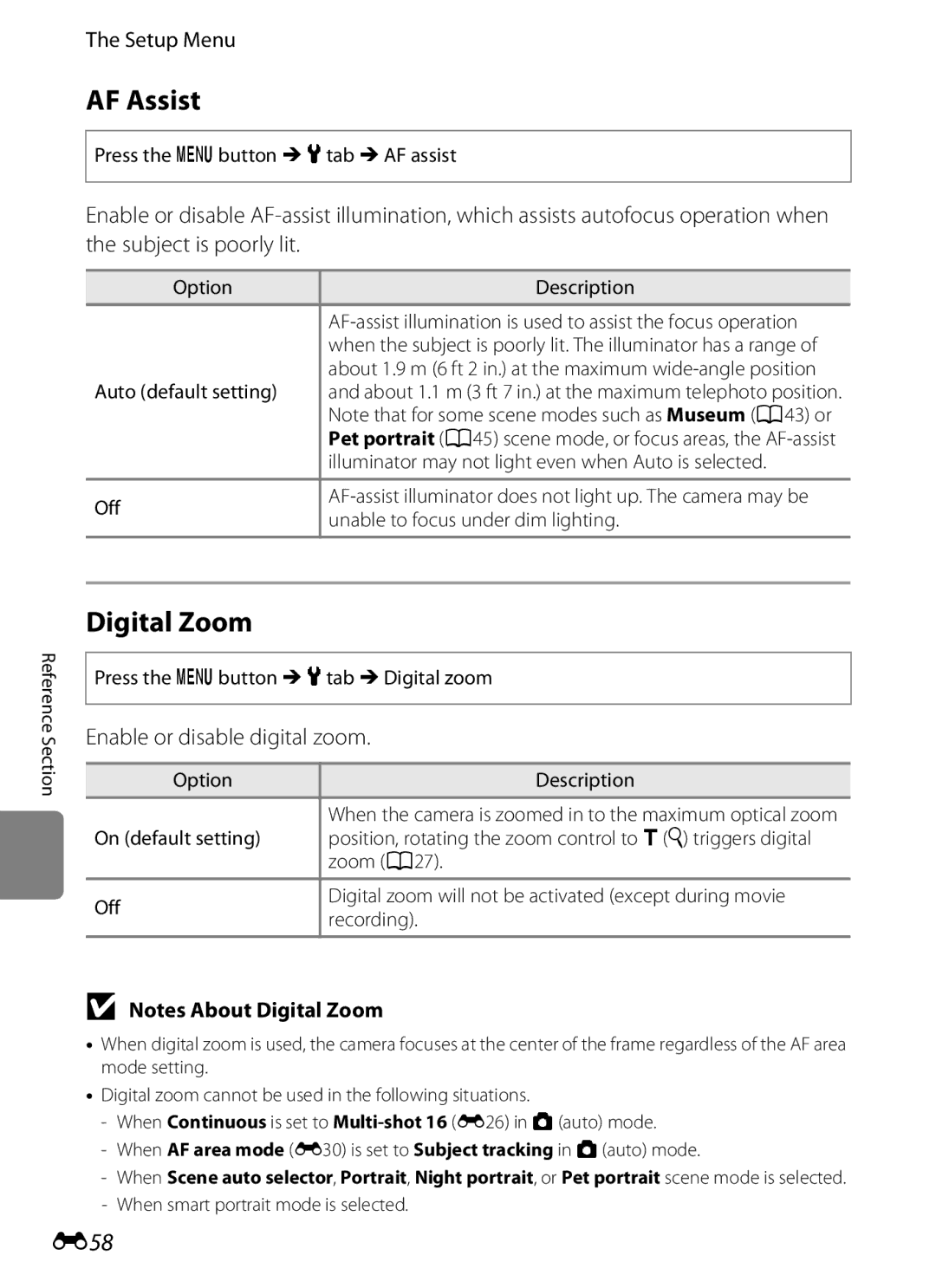 Nikon S2600 manual AF Assist, Digital Zoom, E58, Enable or disable digital zoom 