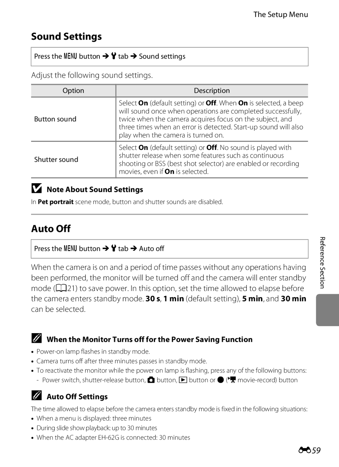 Nikon S2600 manual Sound Settings, E59, When the Monitor Turns off for the Power Saving Function, Auto Off Settings 