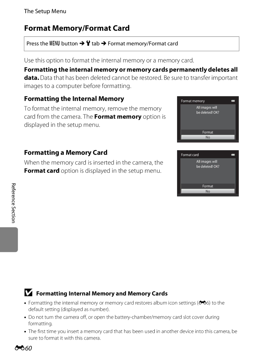 Nikon S2600 manual Format Memory/Format Card, Formatting the Internal Memory, Formatting a Memory Card, E60 