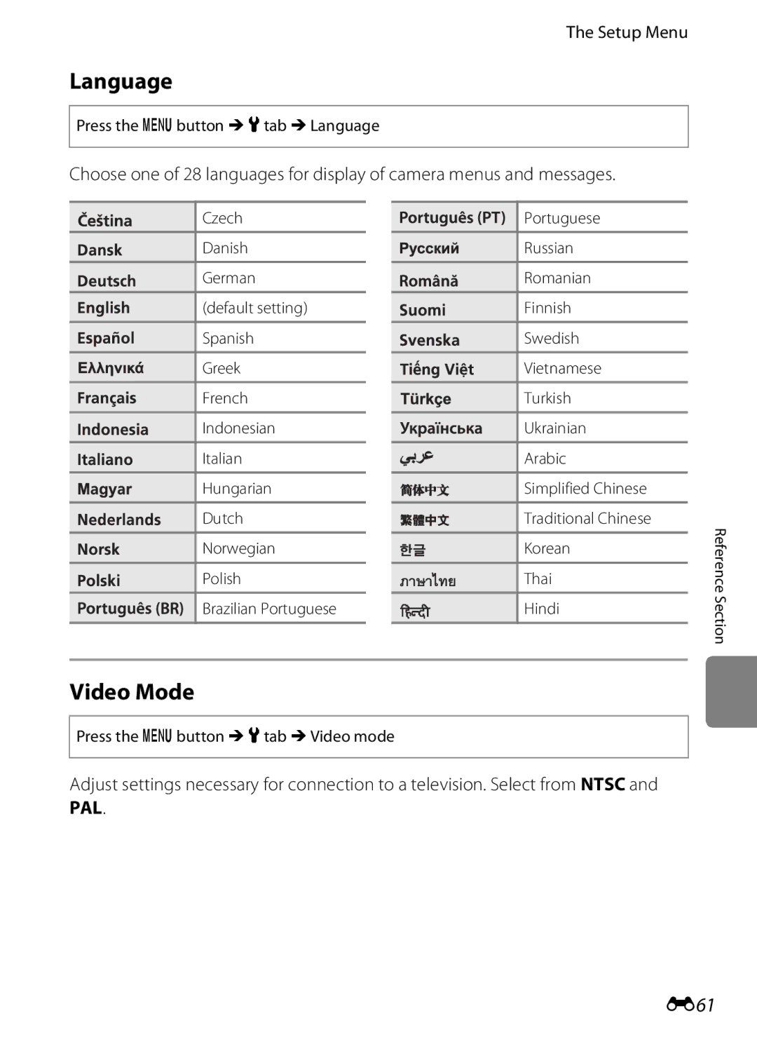 Nikon S2600 manual Video Mode, E61, Press the d button Mz tab MLanguage, Press the d button Mz tab MVideo mode 