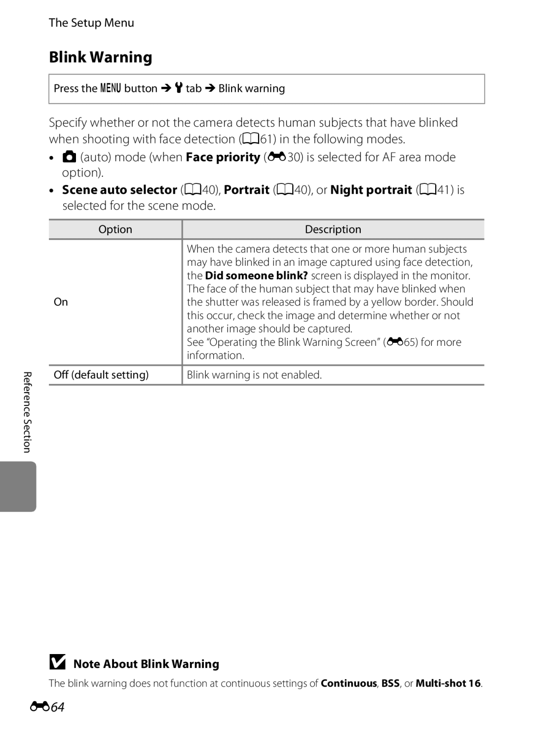 Nikon S2600 manual Blink Warning, E64, Press the d button Mz tab MBlink warning, Another image should be captured 