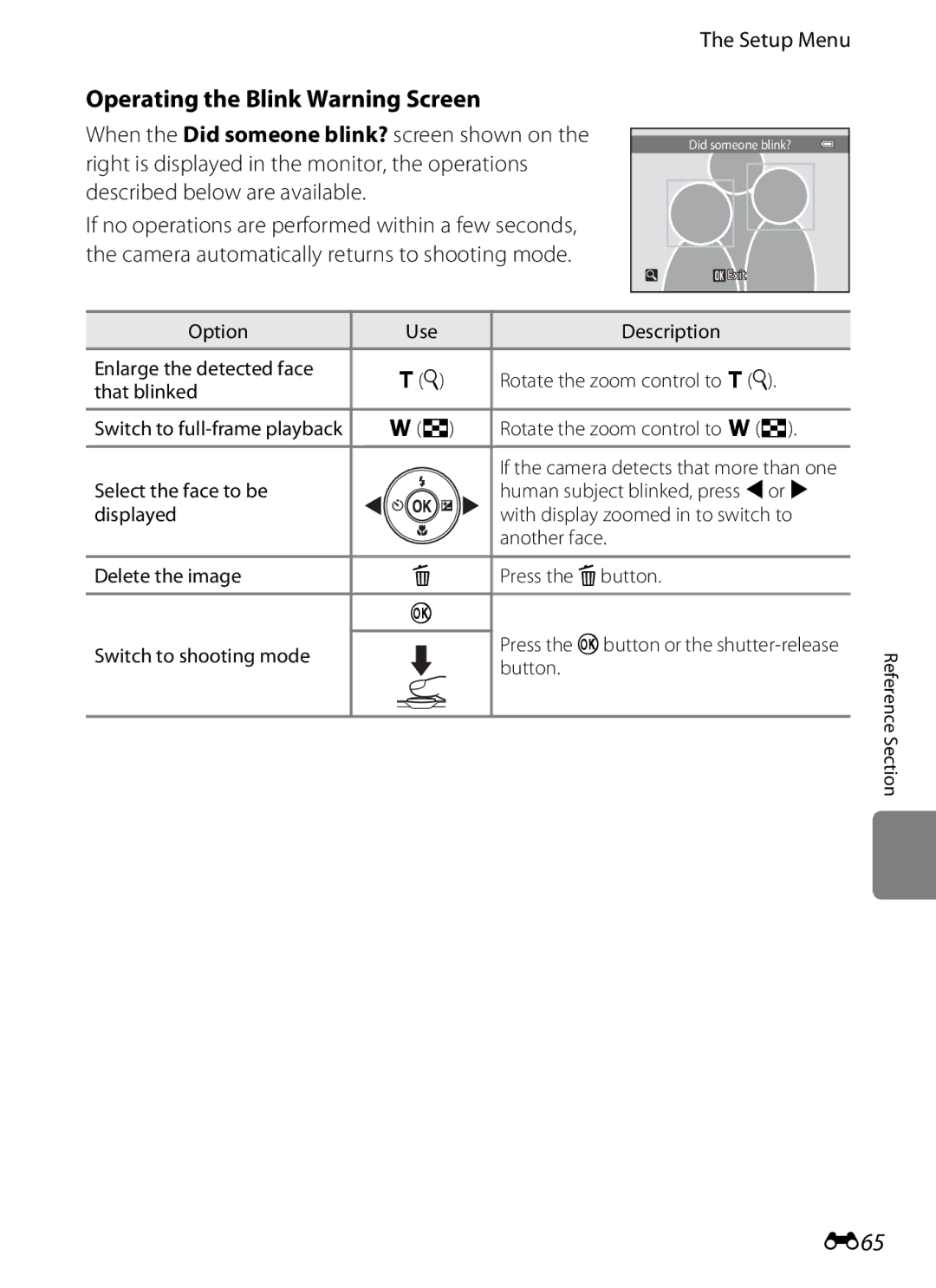 Nikon S2600 manual Operating the Blink Warning Screen, E65 