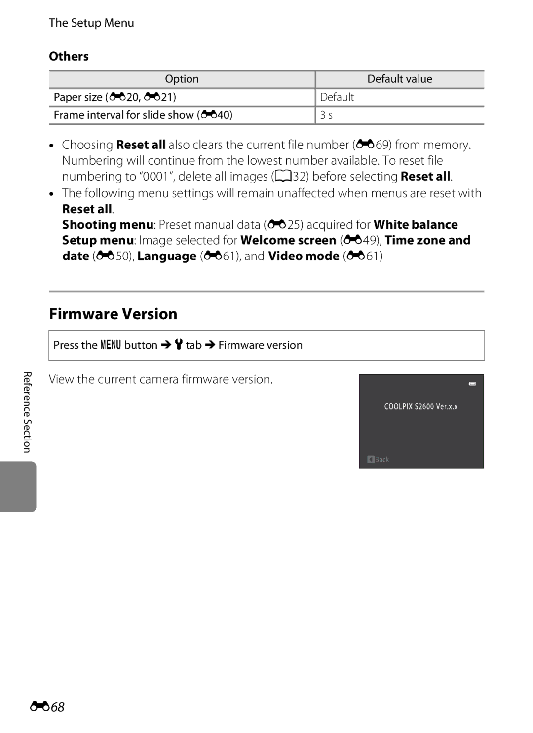 Nikon S2600 manual Firmware Version, E68, Others, Reset all, View the current camera firmware version 