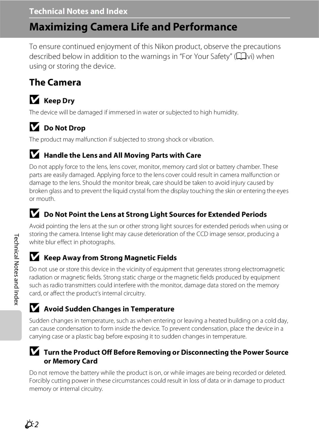 Nikon S2600 manual Maximizing Camera Life and Performance 