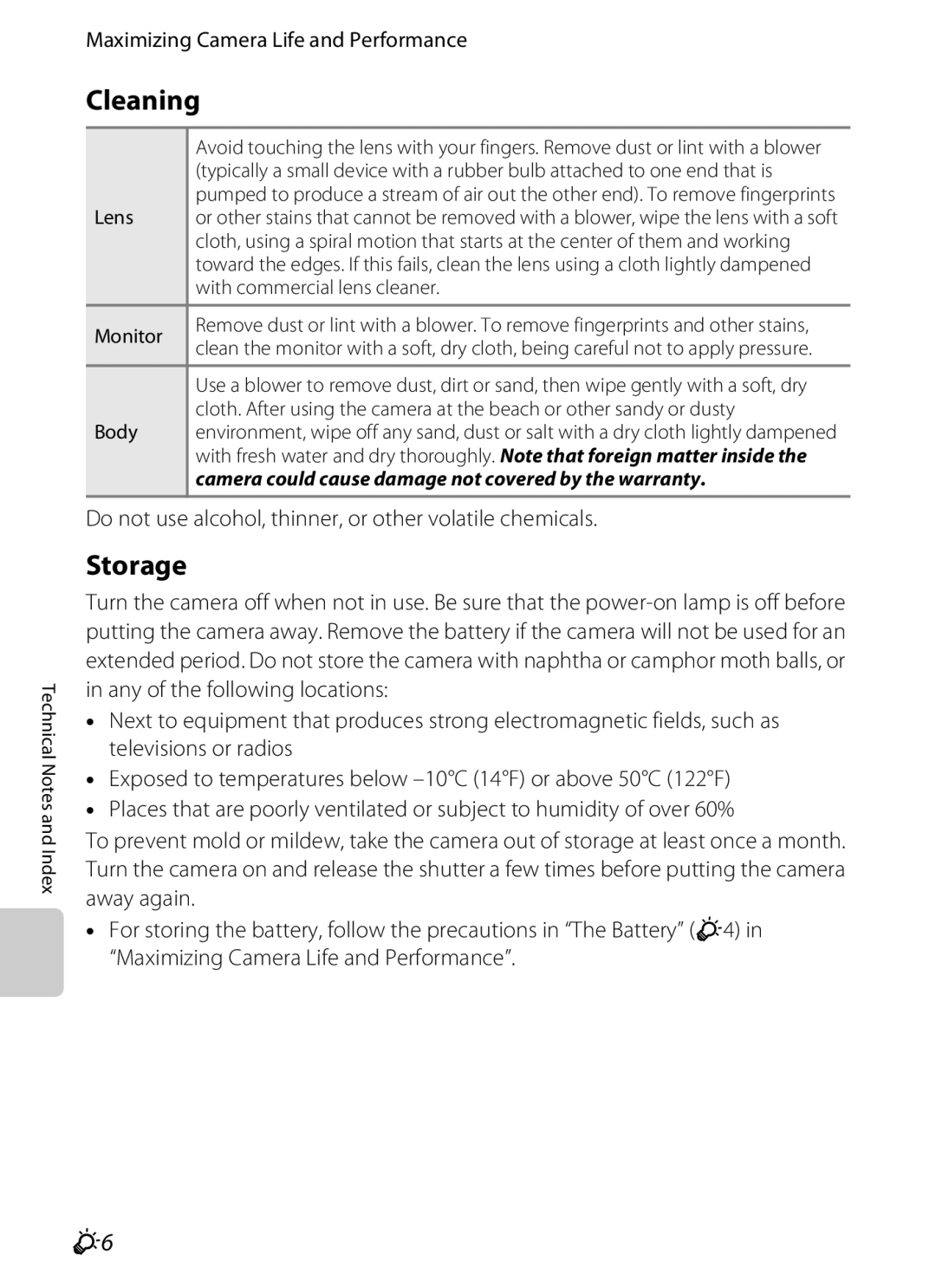 Nikon S2600 manual Cleaning, Storage, Do not use alcohol, thinner, or other volatile chemicals 