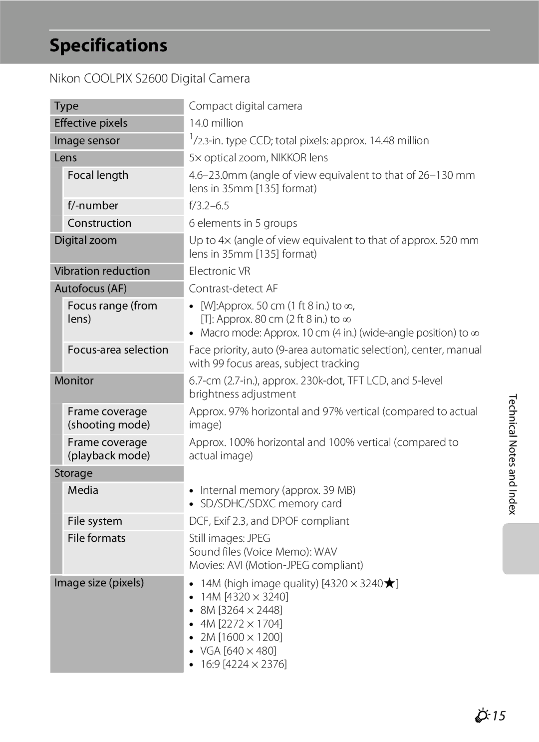 Nikon manual Specifications, F15, Nikon Coolpix S2600 Digital Camera 