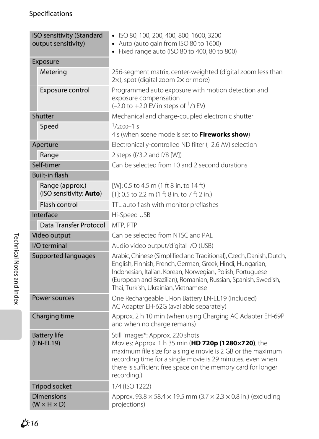 Nikon S2600 manual F16, Specifications 