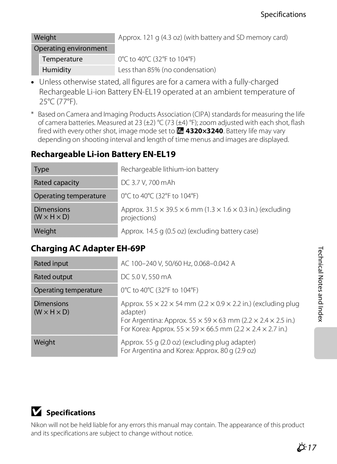 Nikon S2600 manual Rechargeable Li-ion Battery EN-EL19, Charging AC Adapter EH-69P, F17, Specifications 