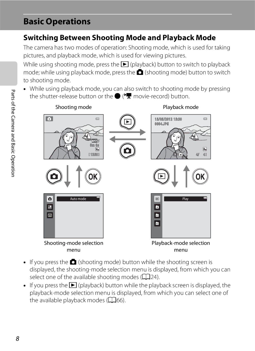 Nikon S2600 manual Basic Operations, Switching Between Shooting Mode and Playback Mode, Shooting mode, Playback mode 