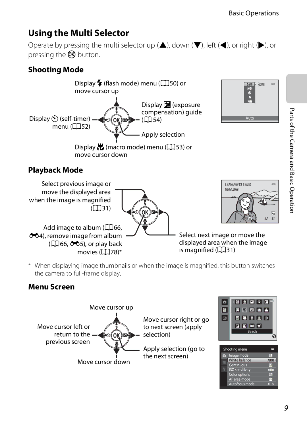 Nikon S2600 manual Using the Multi Selector, Basic Operations, Playback Mode, Menu Screen 