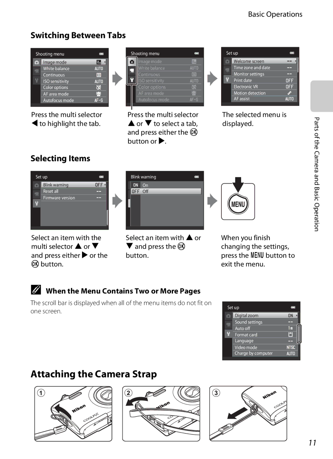 Nikon S2600 Attaching the Camera Strap, Switching Between Tabs, Selecting Items, When the Menu Contains Two or More Pages 