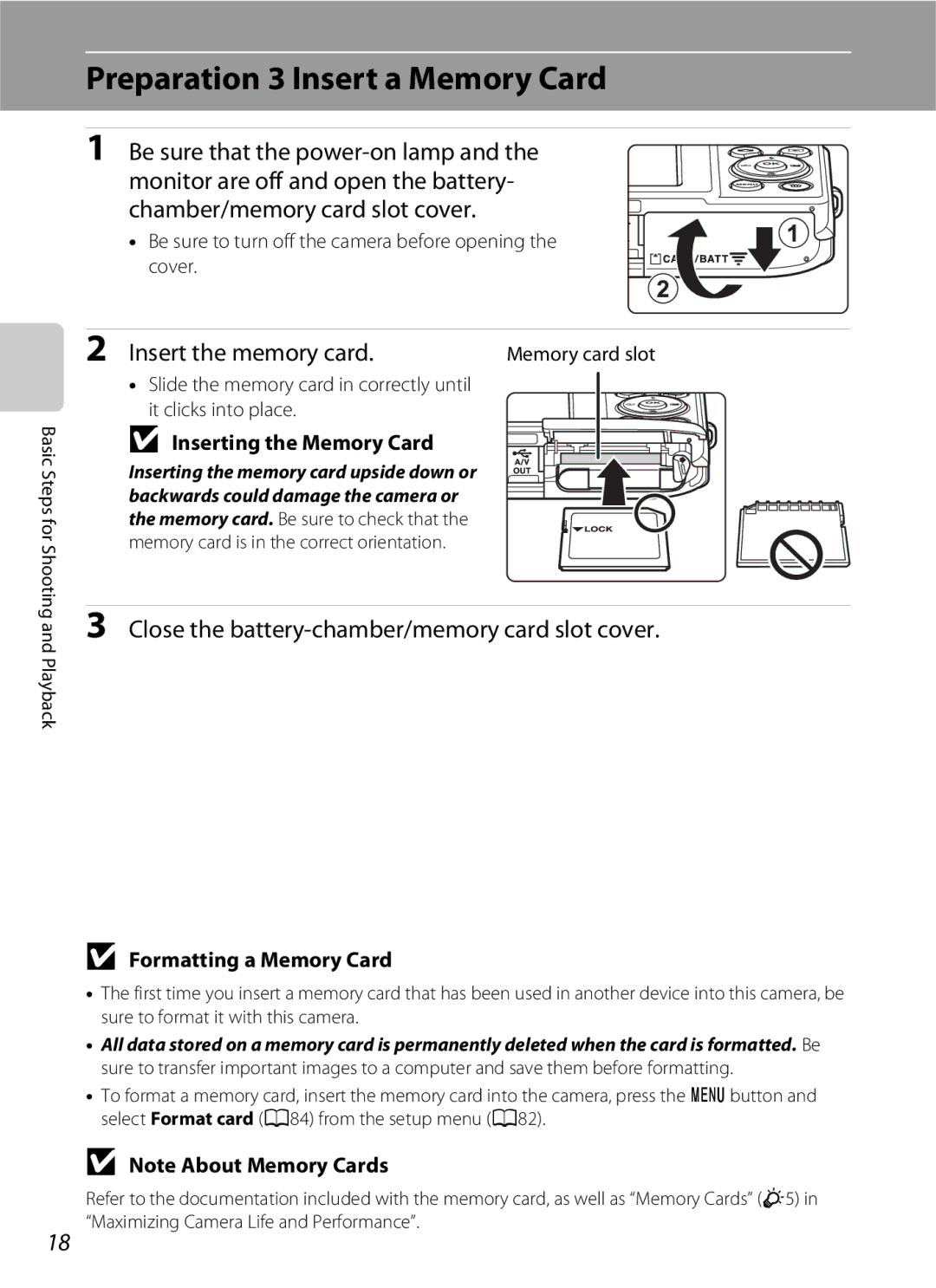 Nikon S2600 manual Preparation 3 Insert a Memory Card, Insert the memory card, Inserting the Memory Card 