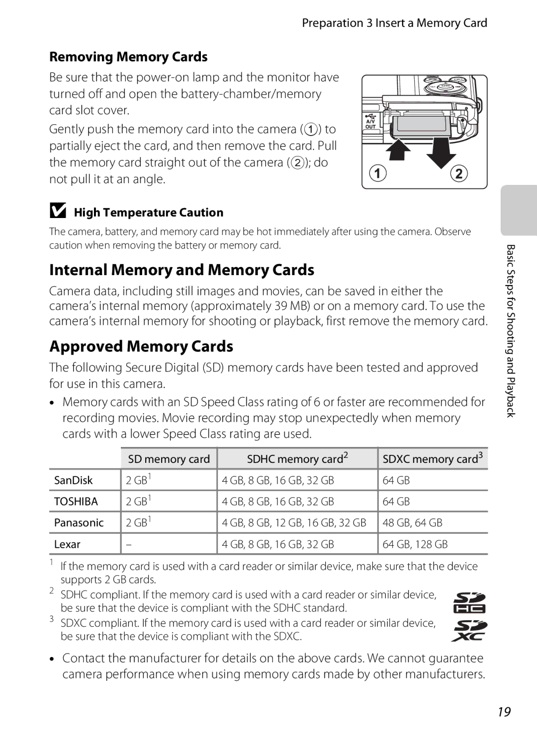 Nikon S2600 manual Internal Memory and Memory Cards, Approved Memory Cards, Removing Memory Cards 