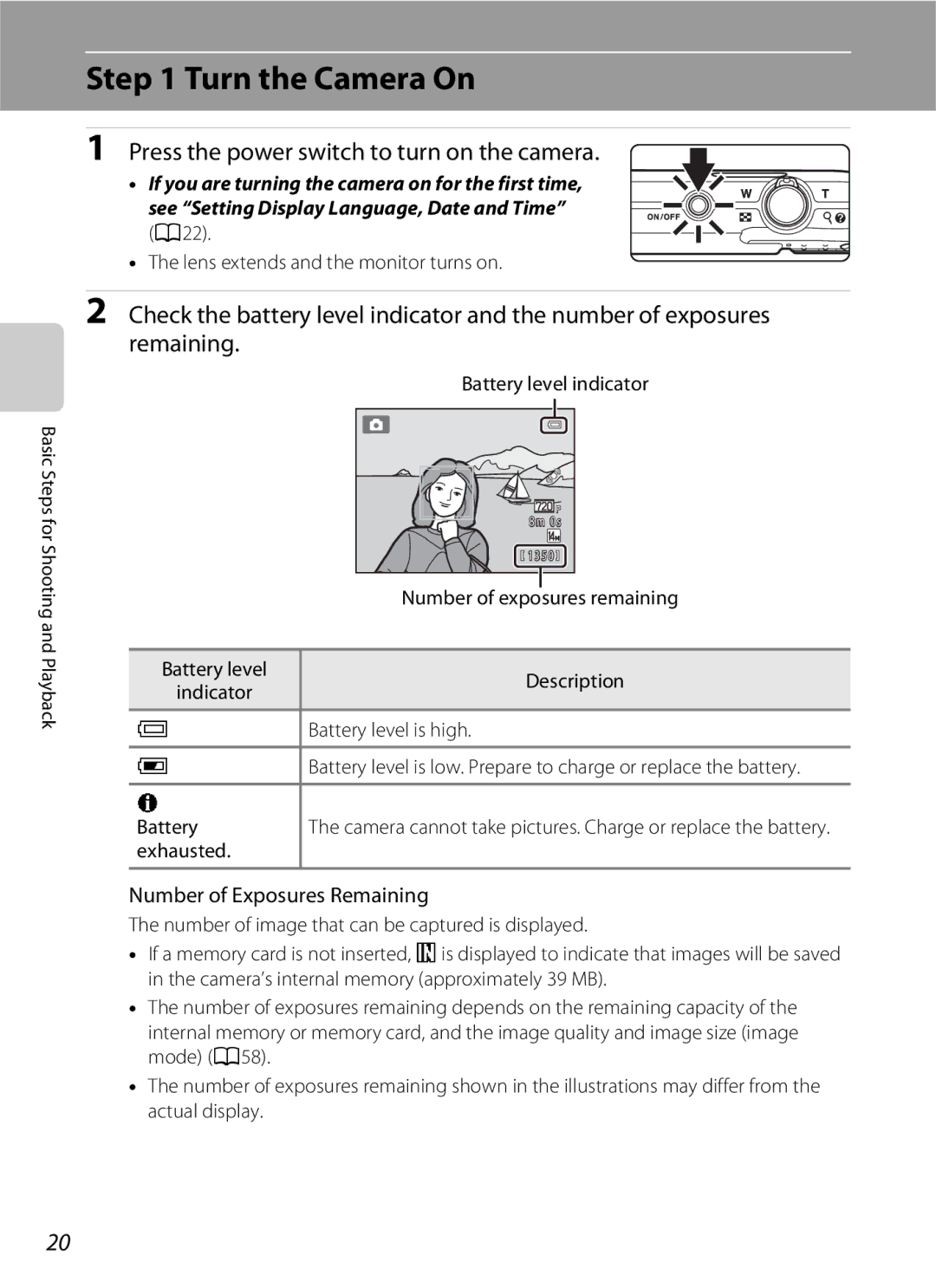 Nikon S2600 manual Turn the Camera On, Press the power switch to turn on the camera, Number of Exposures Remaining 