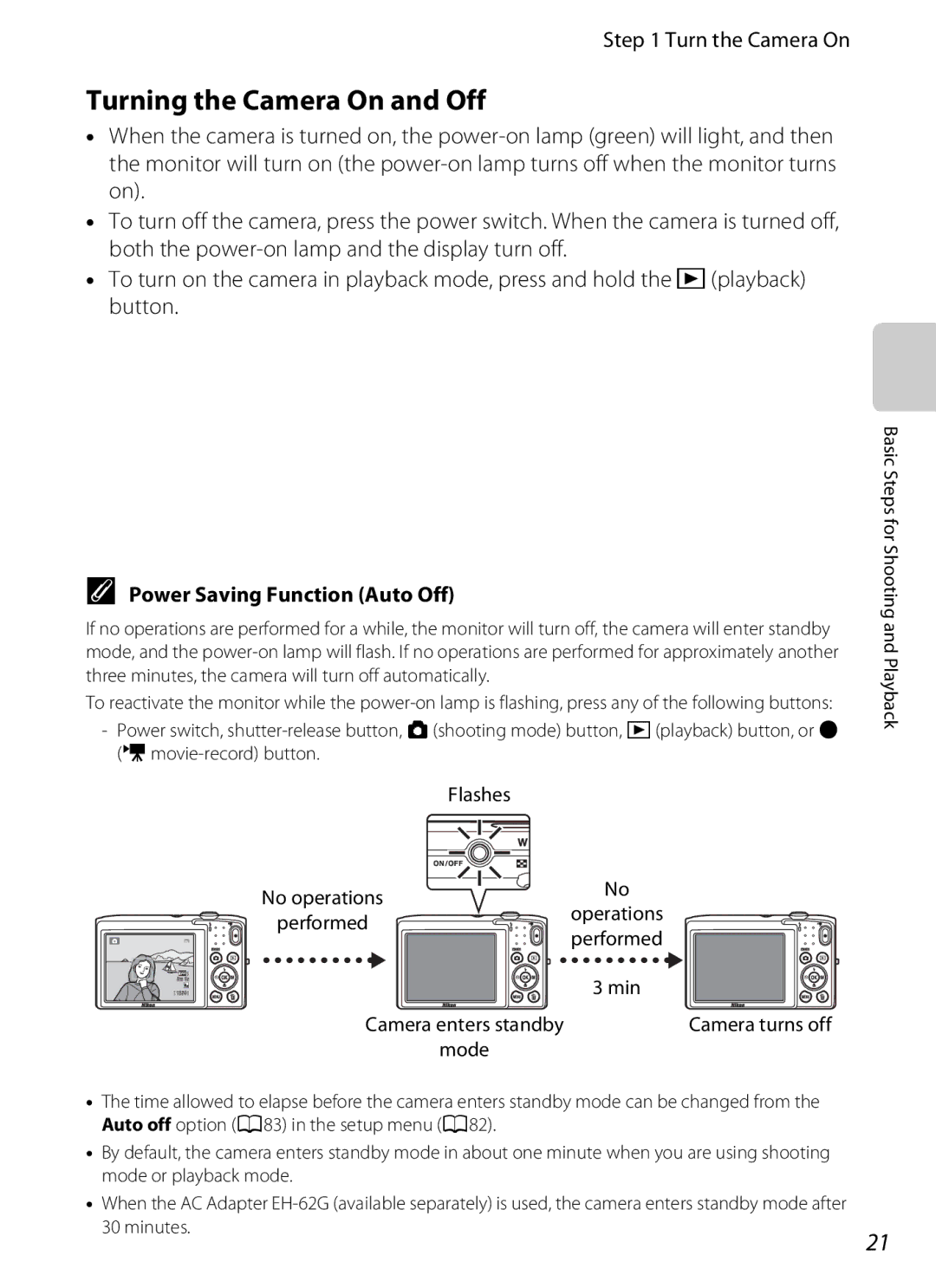 Nikon S2600 manual Turning the Camera On and Off, Turn the Camera On, Power Saving Function Auto Off, Flashes 