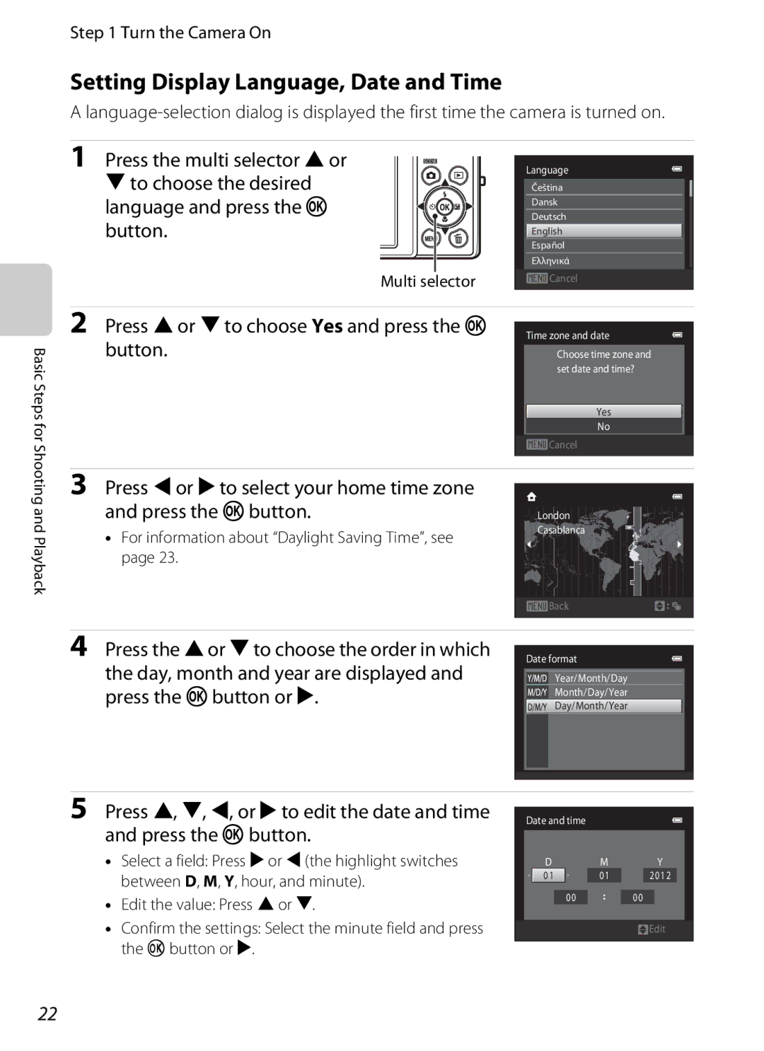 Nikon S2600 manual Setting Display Language, Date and Time 