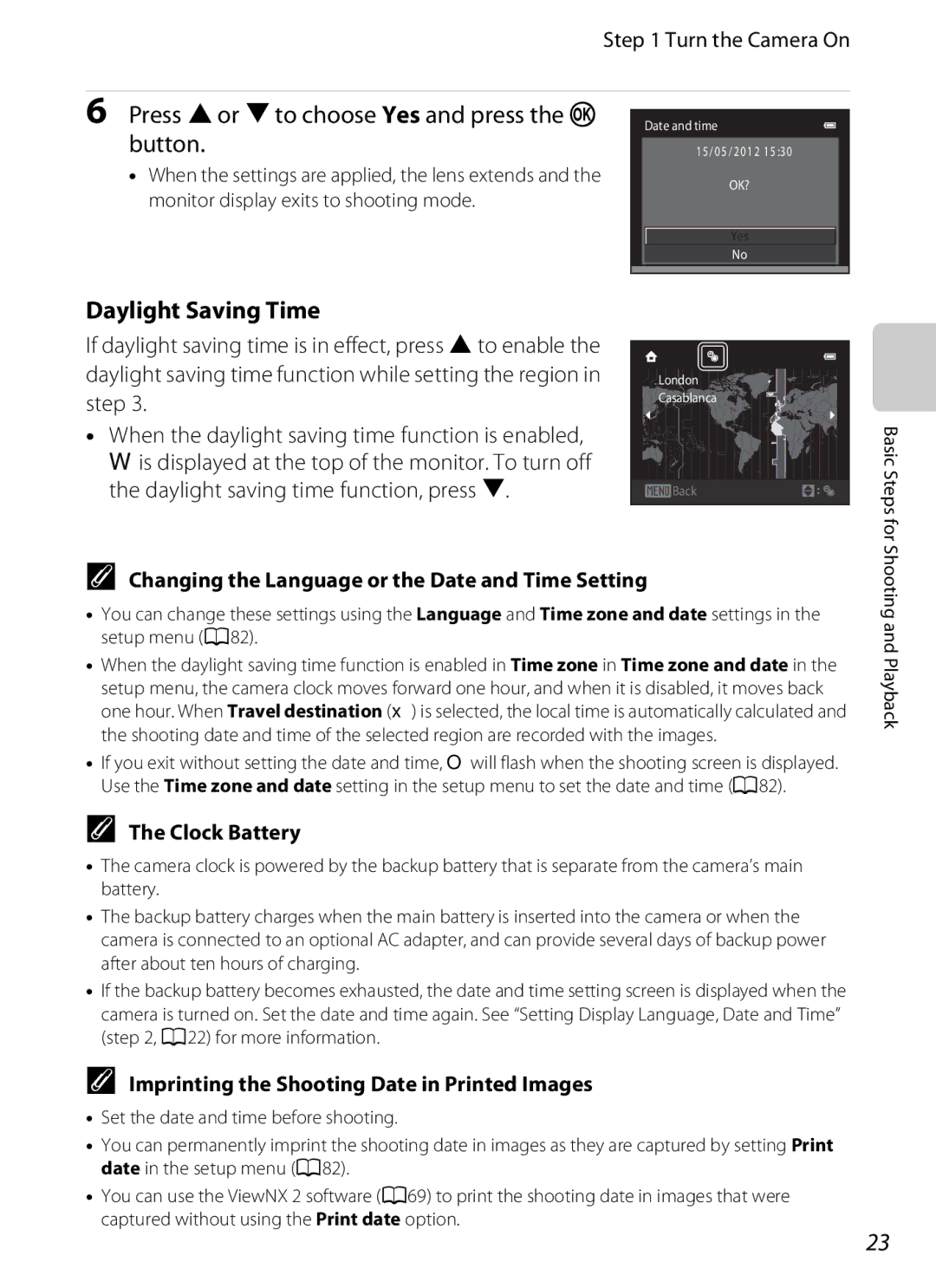 Nikon S2600 manual Daylight Saving Time, Changing the Language or the Date and Time Setting, Clock Battery 