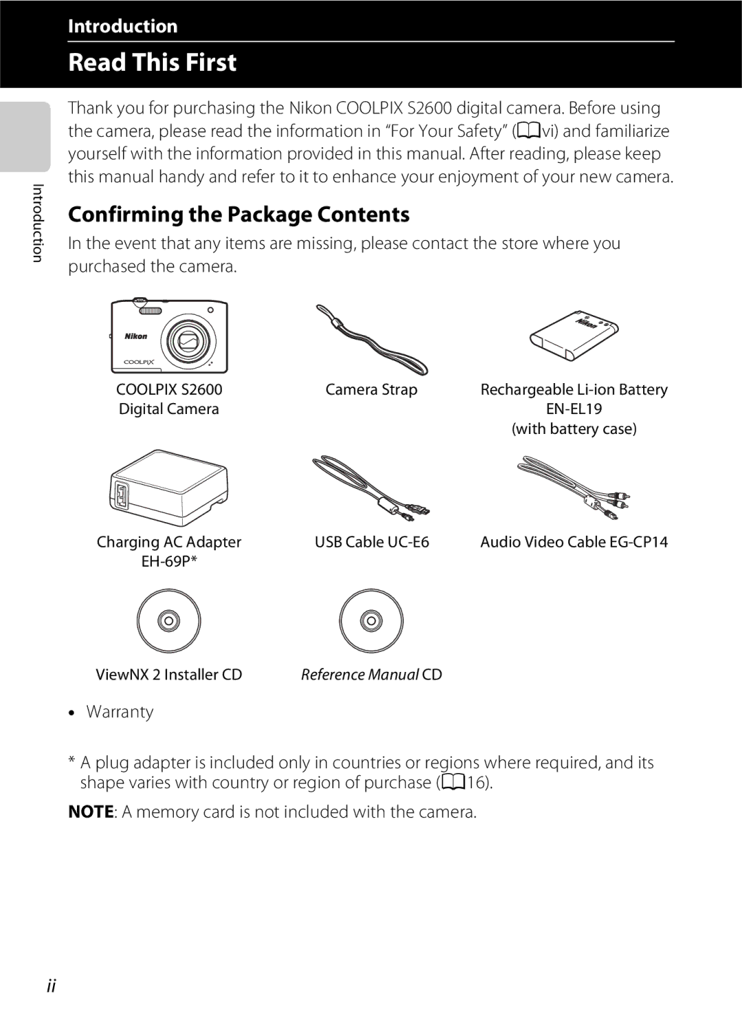 Nikon S2600 manual Read This First, Confirming the Package Contents 