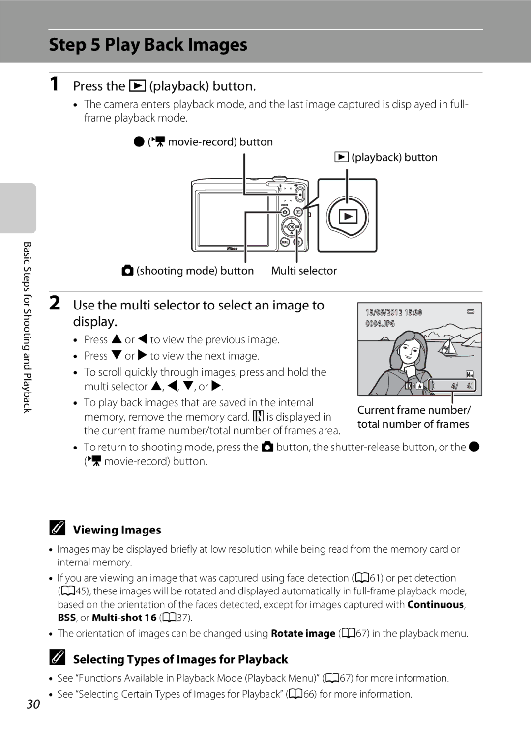 Nikon S2600 manual Play Back Images, Press the cplayback button, Use the multi selector to select an image to display 