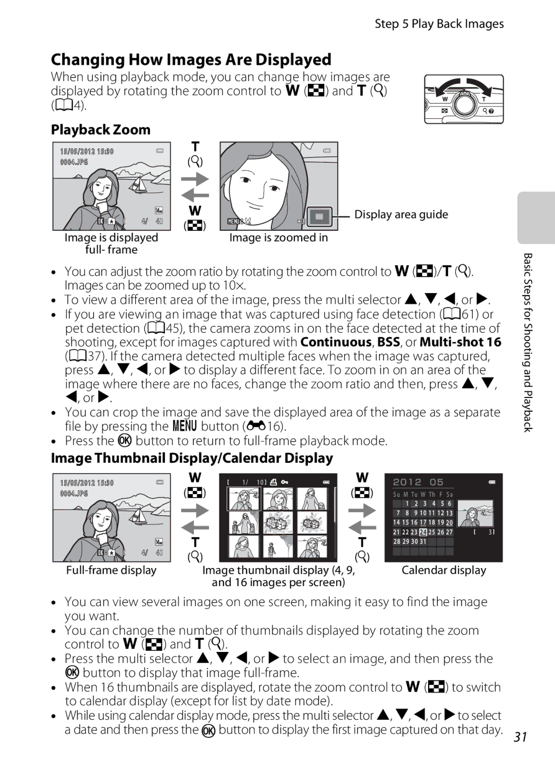 Nikon S2600 Changing How Images Are Displayed, Playback Zoom, Image Thumbnail Display/Calendar Display, Play Back Images 