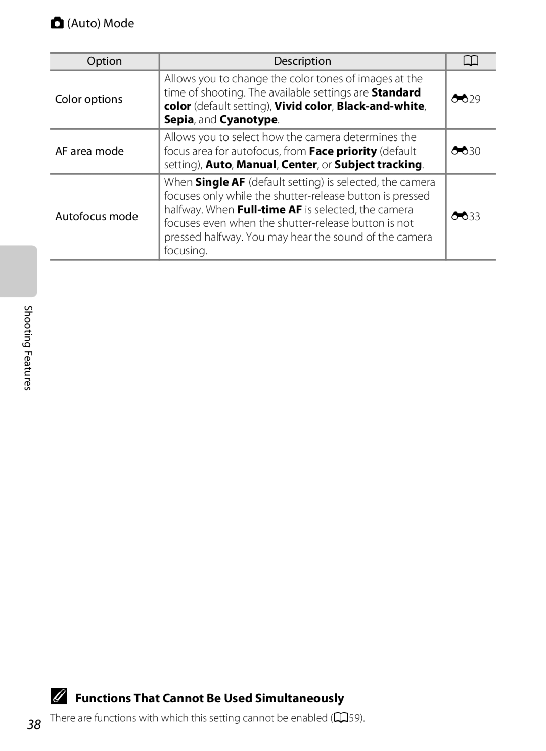 Nikon S2600 manual Functions That Cannot Be Used Simultaneously, Sepia , and Cyanotype 