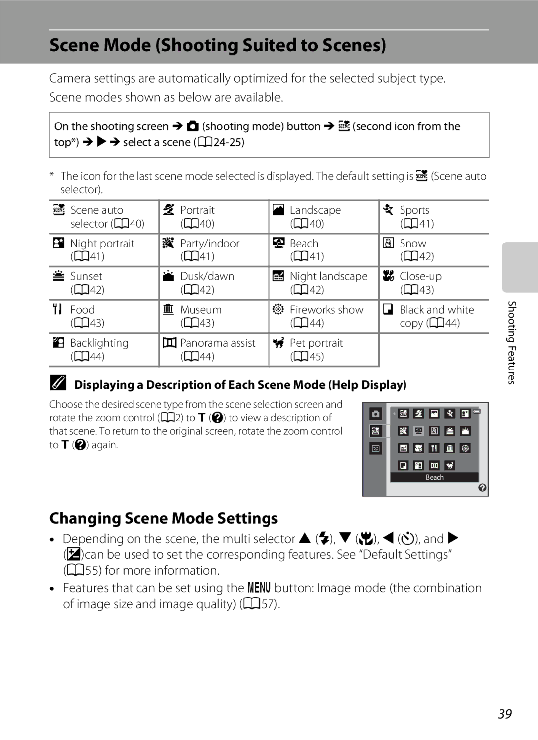 Nikon S2600 manual Scene Mode Shooting Suited to Scenes, Changing Scene Mode Settings, A44 A45 