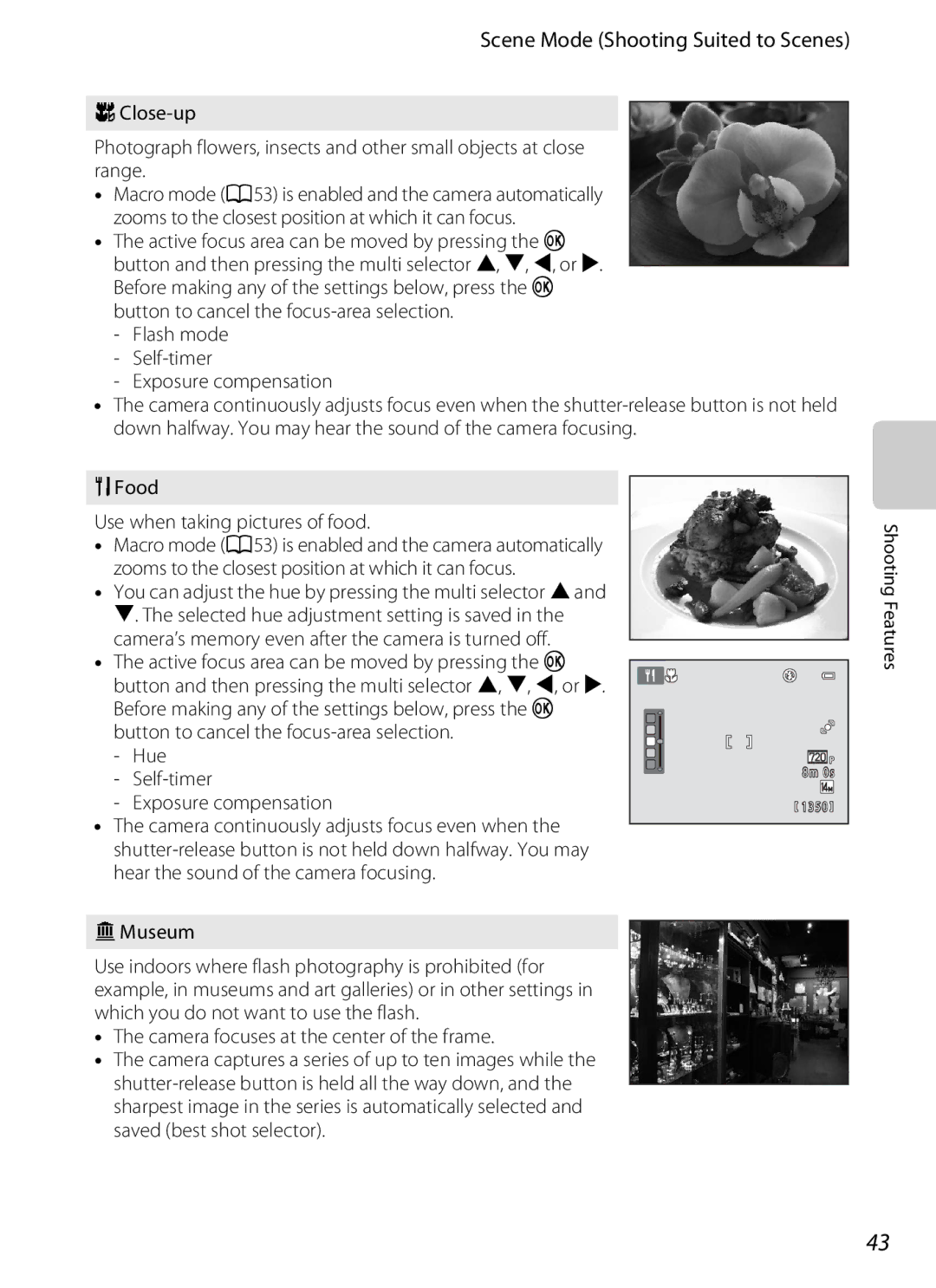 Nikon S2600 manual Flash mode Self-timer Exposure compensation, Food Use when taking pictures of food 